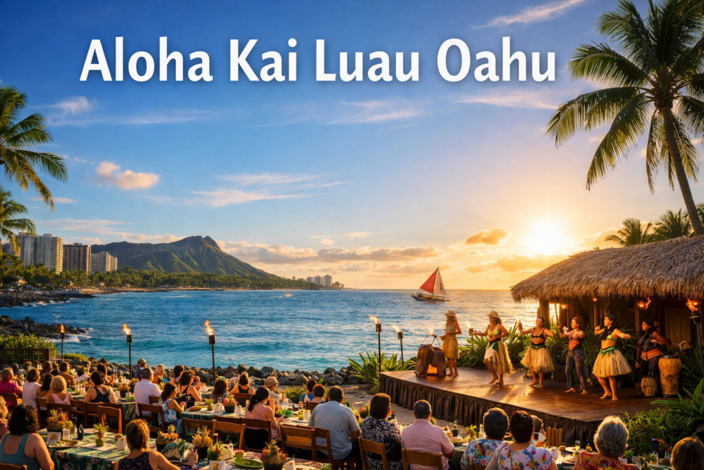 Aloha Kai Luau Oahu oceanfront Hawaiian luau at sunset with hula dancers, fire performers, tiki torches, palm trees, Diamond Head, and guests enjoying a traditional island feast by the sea