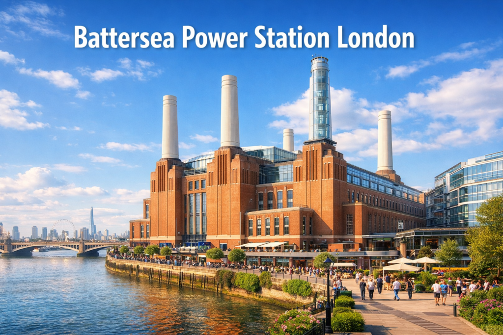 Battersea Power Station London with iconic chimneys and glass Chimney Lift overlooking the River Thames on a bright sunny day