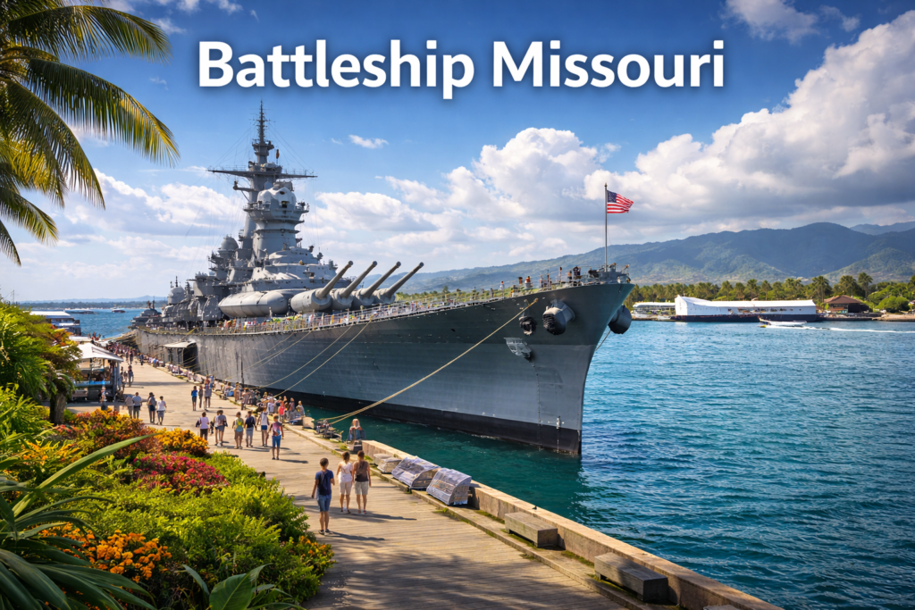 Battleship Missouri docked at Pearl Harbor in Hawaii with massive gun turrets, American flag, scenic waterfront walkway, and visitors exploring the historic World War II battleship under bright daylight