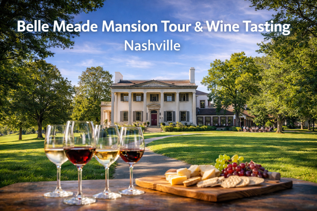 Belle Meade Mansion Tour and Wine Tasting in Nashville featuring the historic Greek Revival mansion, manicured lawns, wine glasses, and lush green estate under bright daylight