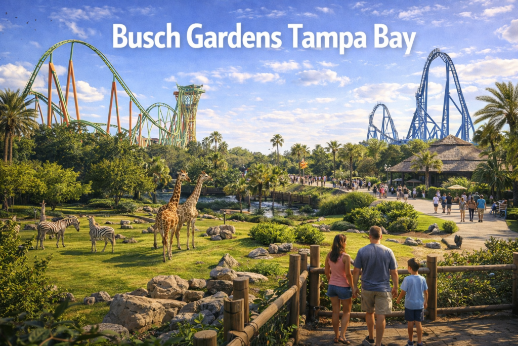 Busch Gardens Tampa Bay featuring African safari habitats, roller coasters, lush greenery, scenic walkways, and wildlife under bright daylight in Tampa Florida.