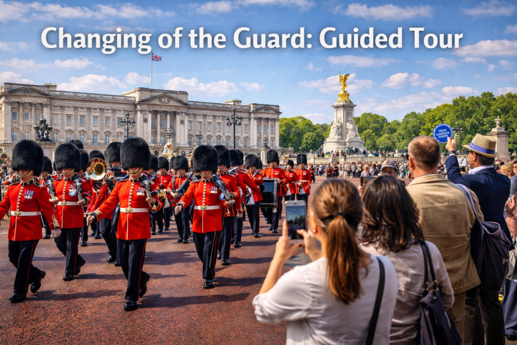 Changing of the Guard guided tour at Buckingham Palace in London with British guards marching in ceremonial uniforms