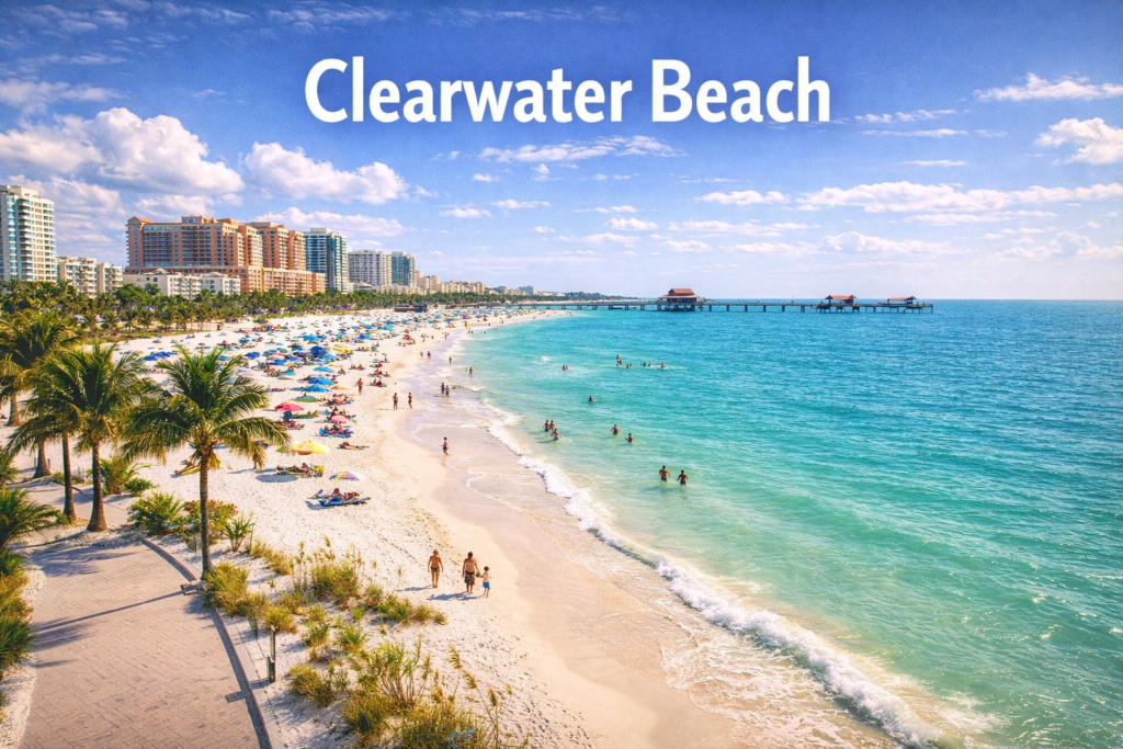 Clearwater Beach Florida with white sand shoreline, turquoise Gulf waters, palm trees, and Pier 60 under bright daylight