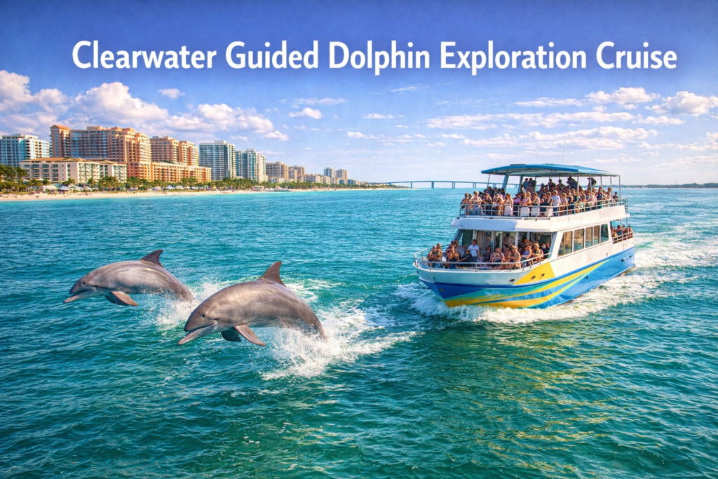 Clearwater Guided Dolphin Exploration Cruise with dolphins swimming beside a sightseeing boat along Florida’s Gulf Coast under bright blue skies
