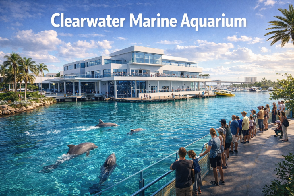 Clearwater Marine Aquarium in Clearwater Florida featuring dolphins in a turquoise lagoon, waterfront walkways, modern aquarium building, and visitors under bright daylight.
