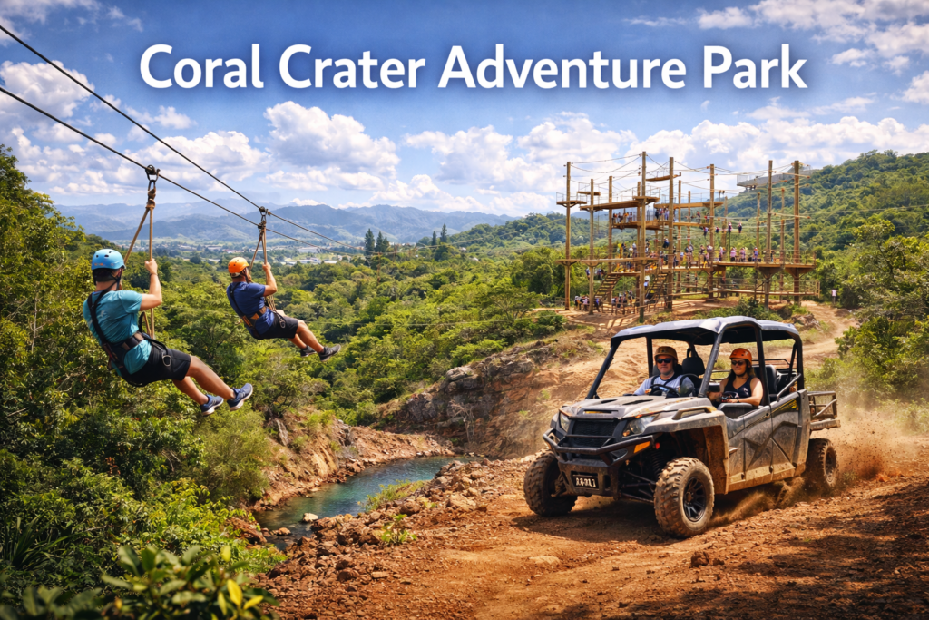 Coral Crater Adventure Park in Oahu Hawaii featuring ziplining over lush green valleys, ATV off road riding on rugged trails, and outdoor obstacle courses under bright natural daylight
