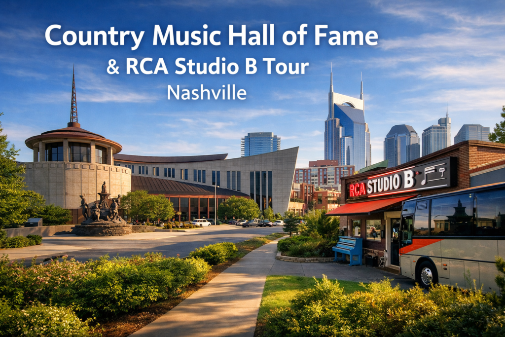 Country Music Hall of Fame and RCA Studio B Tour in Nashville showcasing iconic museum architecture, Studio B signage, and downtown skyline under bright daylight