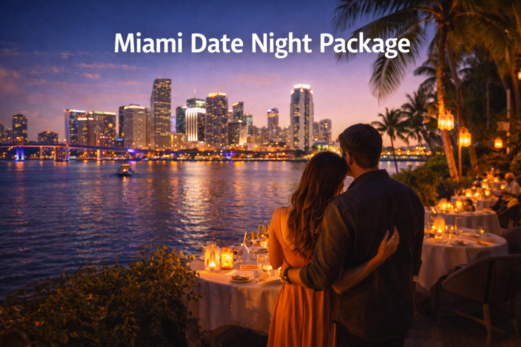Miami date night package featuring a romantic couple walking along a waterfront promenade with city skyline, palm trees, and glowing sunset over Biscayne Bay
