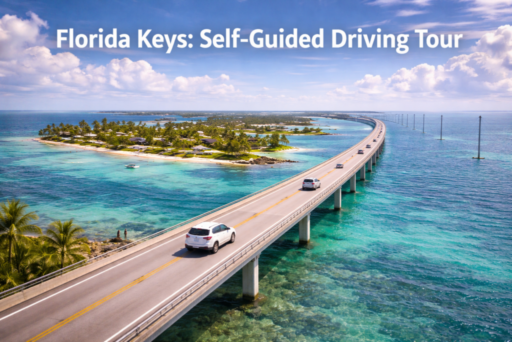 Florida Keys self guided driving tour along the Overseas Highway with cars crossing a long bridge over turquoise ocean water under bright daylight