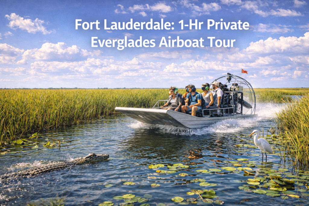 Fort Lauderdale private Everglades airboat tour showing an airboat speeding through sawgrass wetlands with passengers, an alligator in the water, and native birds under bright daylight