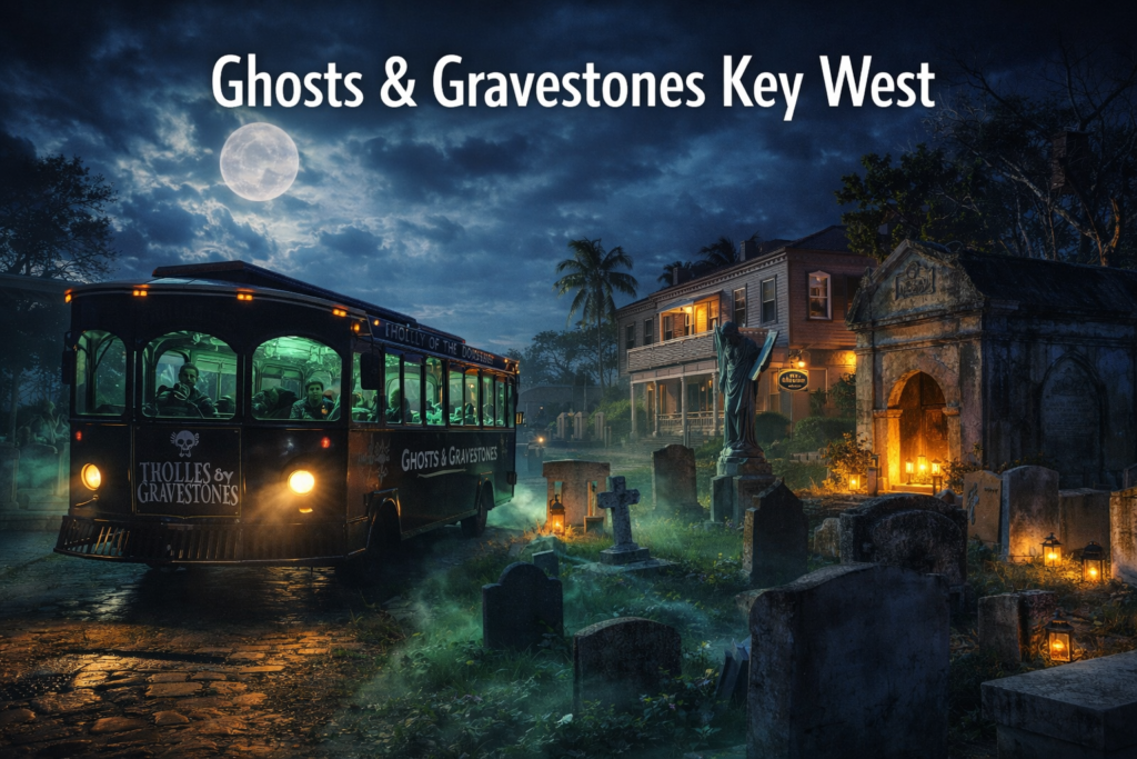 Ghosts and Gravestones Key West night tour with haunted trolley, historic cemetery, moonlit sky, and eerie landmarks illuminated after dark