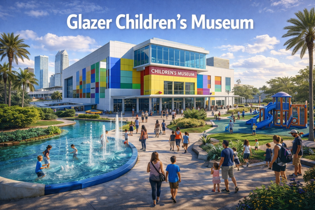 Glazer Children’s Museum in downtown Tampa featuring colorful modern architecture, interactive outdoor play areas, fountains, palm trees, and families enjoying the museum under bright daylight.