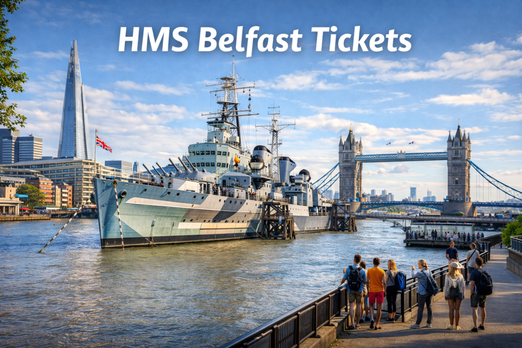 Cinematic daylight view of HMS Belfast, the historic WWII Royal Navy ship docked on the River Thames in London, with Tower Bridge and The Shard in the background, featuring visitors exploring the ship and riverside walkway
