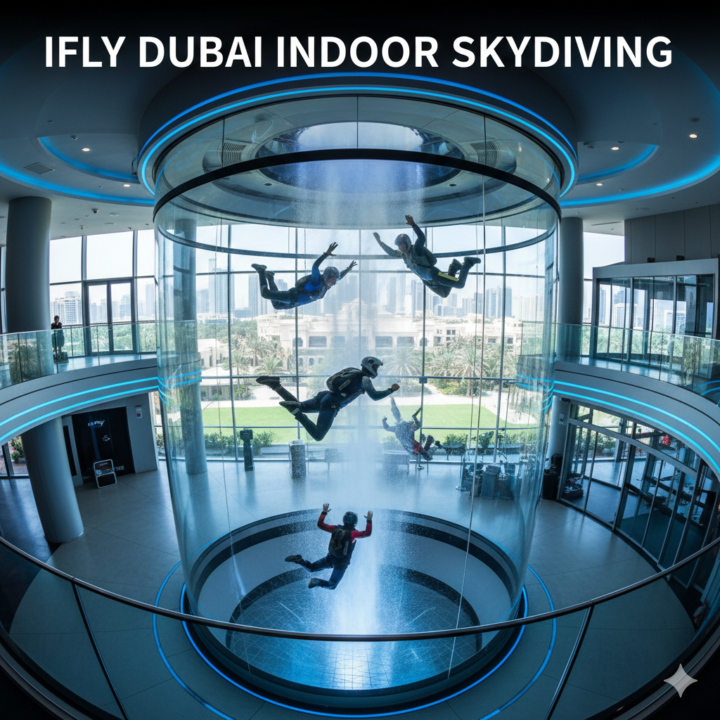 iFly Dubai indoor skydiving experience with professional instructors and thrill-seekers floating in a vertical wind tunnel in Dubai Festival City