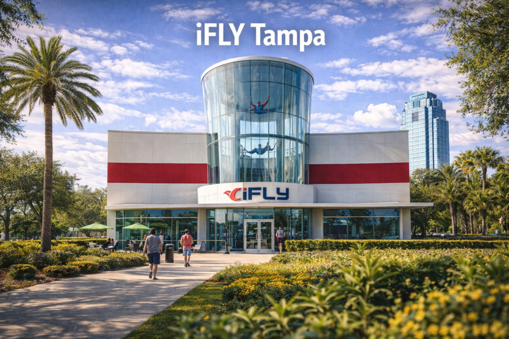 Indoor skydiving experience at iFLY Tampa featuring a vertical wind tunnel with a participant floating mid air under instructor guidance