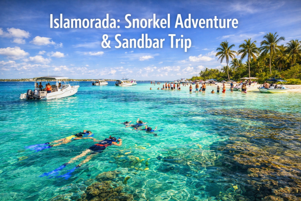 Islamorada snorkel adventure and sandbar trip with snorkelers over clear turquoise water, shallow sandbar crowds, boats, palm trees, and tropical Florida Keys scenery