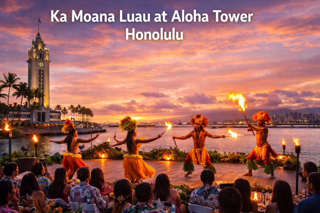 Ka Moana Luau at Aloha Tower in Honolulu featuring traditional Polynesian fire dancers performing at sunset with oceanfront stage, tiki torches, and harbor skyline in the background.