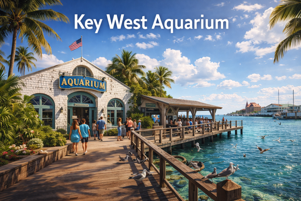 Key West Aquarium waterfront exterior at Mallory Square with palm trees, wooden boardwalk, turquoise ocean water, historic aquarium building, and visitors enjoying a sunny day in Key West Florida