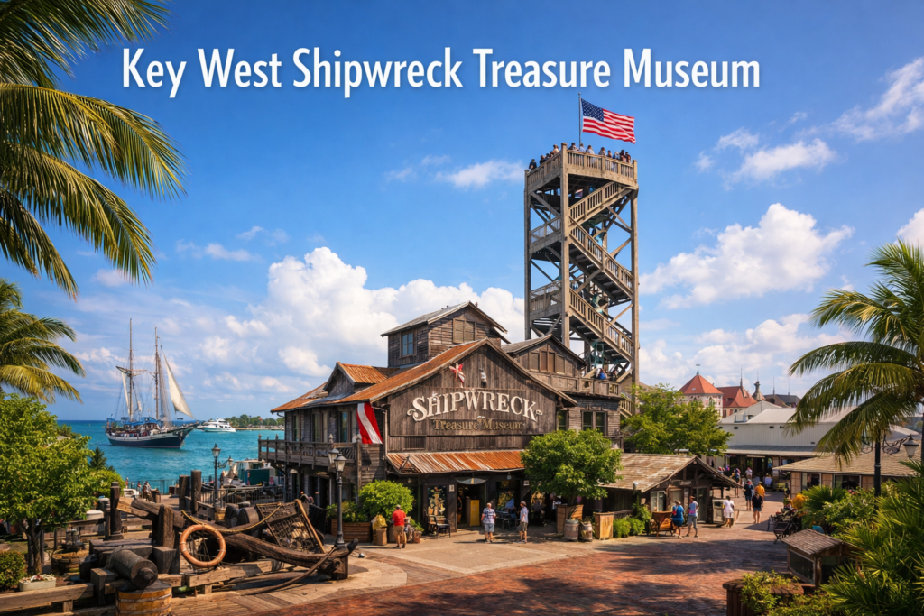 Key West Shipwreck Treasure Museum with historic watchtower overlooking Mallory Square and turquoise harbor under bright blue skies in Key West Florida