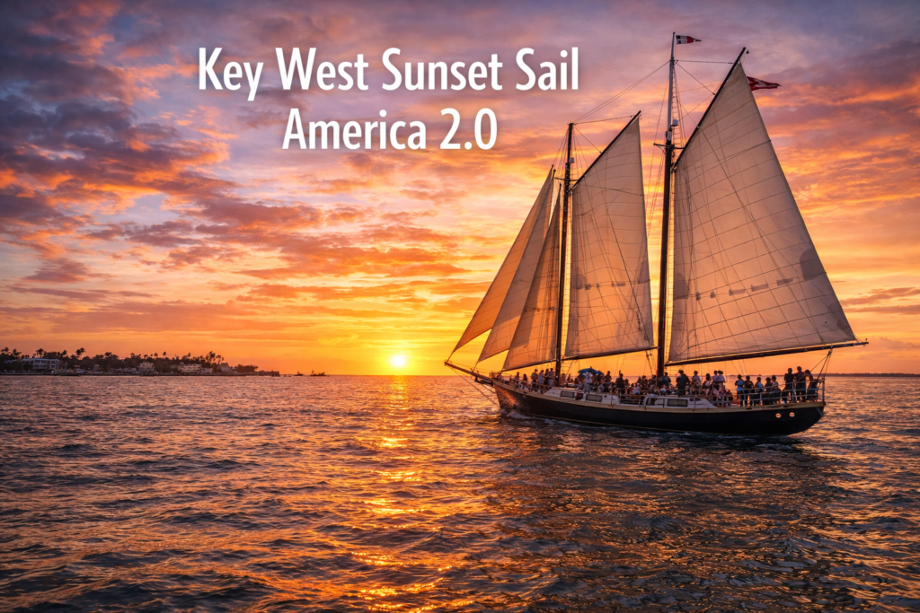 Key West Sunset Sail aboard America 2.0 schooner with tall sails against a vibrant orange and pink sunset over calm ocean waters