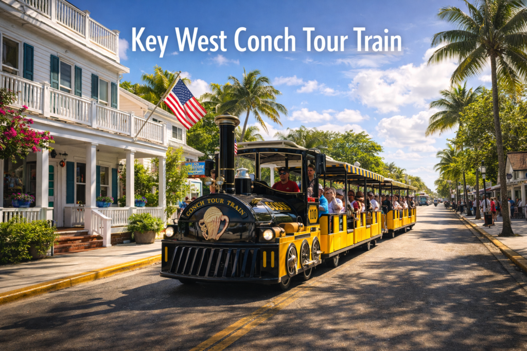 Key West Conch Tour Train traveling through Old Town streets lined with palm trees and historic conch houses under bright blue skies
