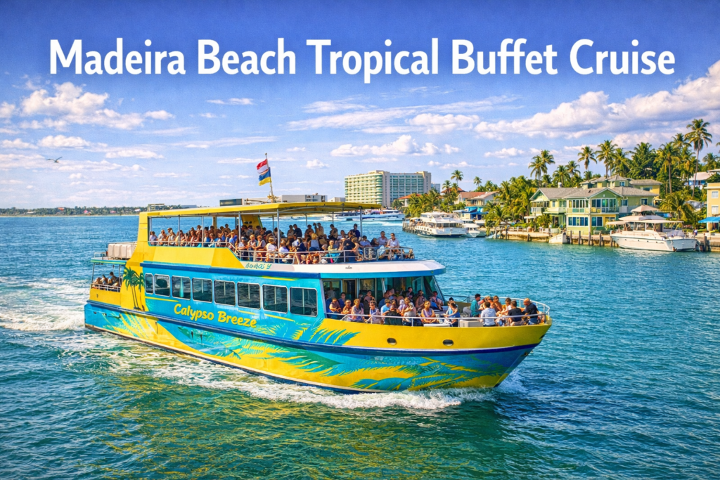 Madeira Beach tropical buffet cruise on the Calypso Breeze boat sailing through calm blue waters with passengers enjoying scenic coastal views under bright daylight