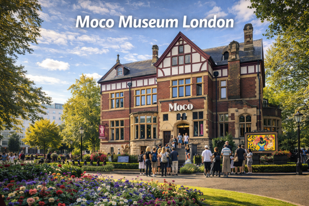Moco Museum London exterior with visitors entering the contemporary art museum on a bright sunny day