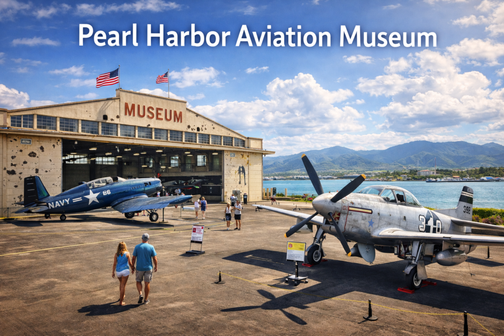 Pearl Harbor Aviation Museum on Ford Island showcasing historic World War II hangars, vintage military aircraft, palm trees, and bright daylight at Pearl Harbor Hawaii