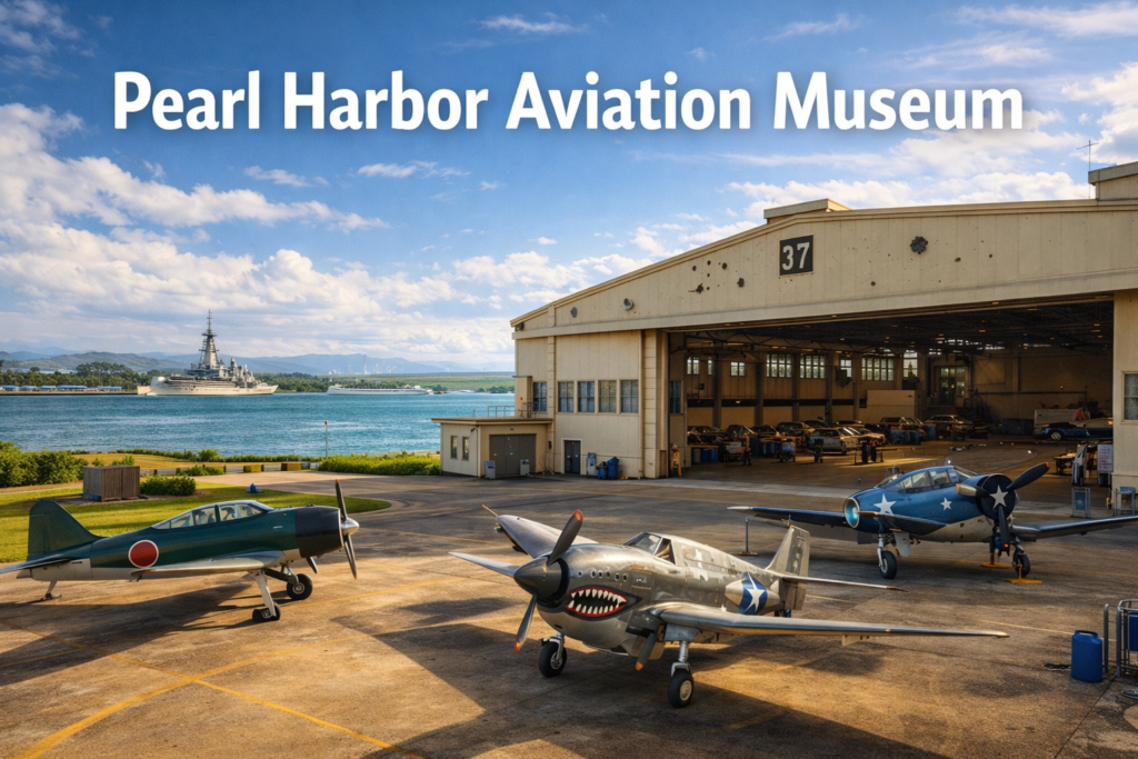 Pearl Harbor Aviation Museum on Ford Island with historic World War II hangars, restored military aircraft, palm trees, blue skies, and Pearl Harbor waters captured in bright daylight