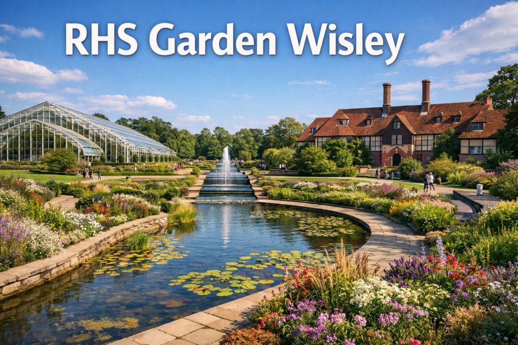 RHS Garden Wisley with iconic Glasshouse, formal water gardens, colorful flower borders, and scenic walkways under bright daylight in Surrey England