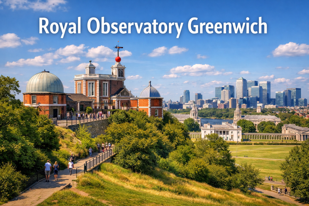 Royal Observatory Greenwich hilltop view showing the Prime Meridian, historic observatory domes, Greenwich Park greenery, and London skyline under bright daylight