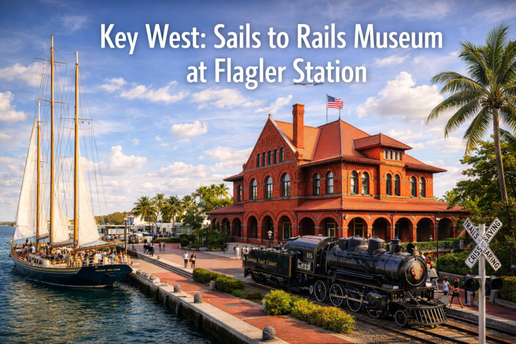 Key West Sails to Rails Museum at Flagler Station featuring historic red brick train station, vintage steam locomotive, sailboat harbor, and palm trees under bright blue skies