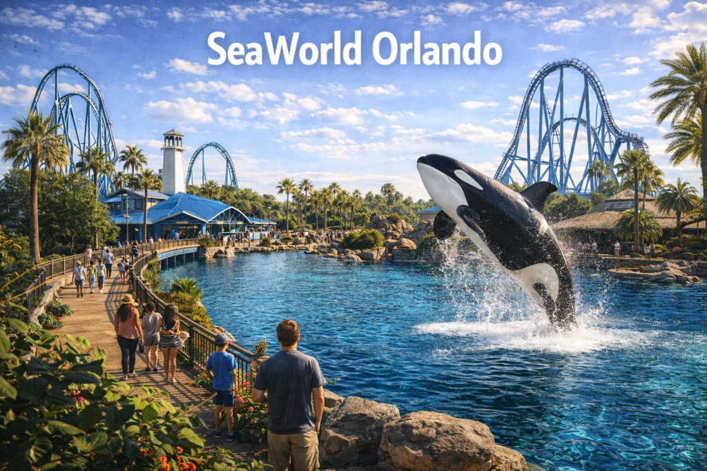 SeaWorld Orlando theme park featuring marine animal habitats, roller coasters, lagoon walkways, palm trees, and visitors enjoying the park under bright daylight in Orlando Florida.