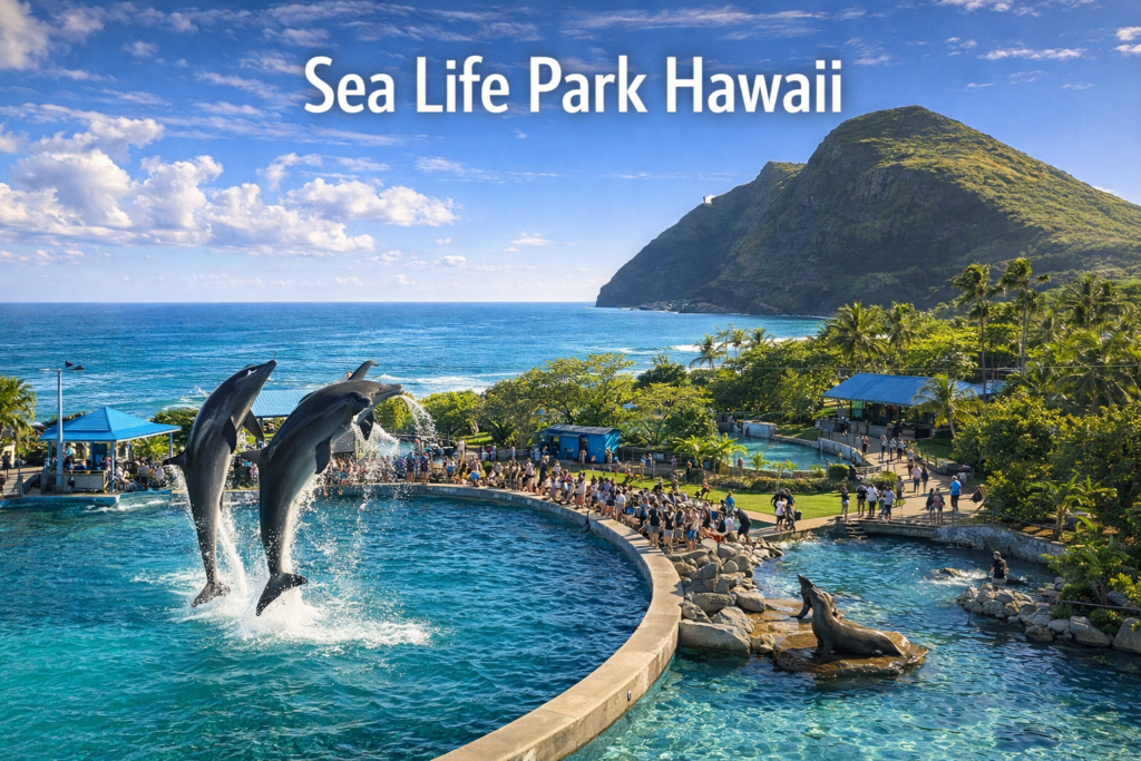 Sea Life Park Hawaii with dolphin lagoons, oceanfront exhibits, palm trees, and dramatic Makapuʻu coastline under bright Hawaiian daylight