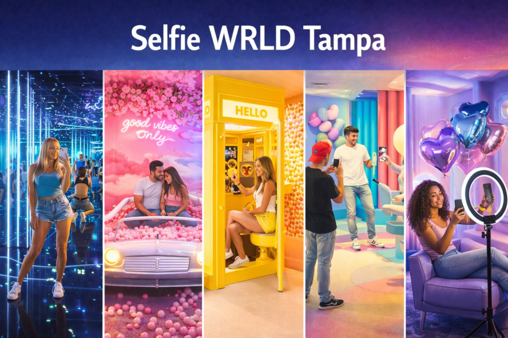 Selfie WRLD Tampa interactive selfie museum featuring colorful themed rooms, neon lights, and creative photo backdrops in Tampa Florida