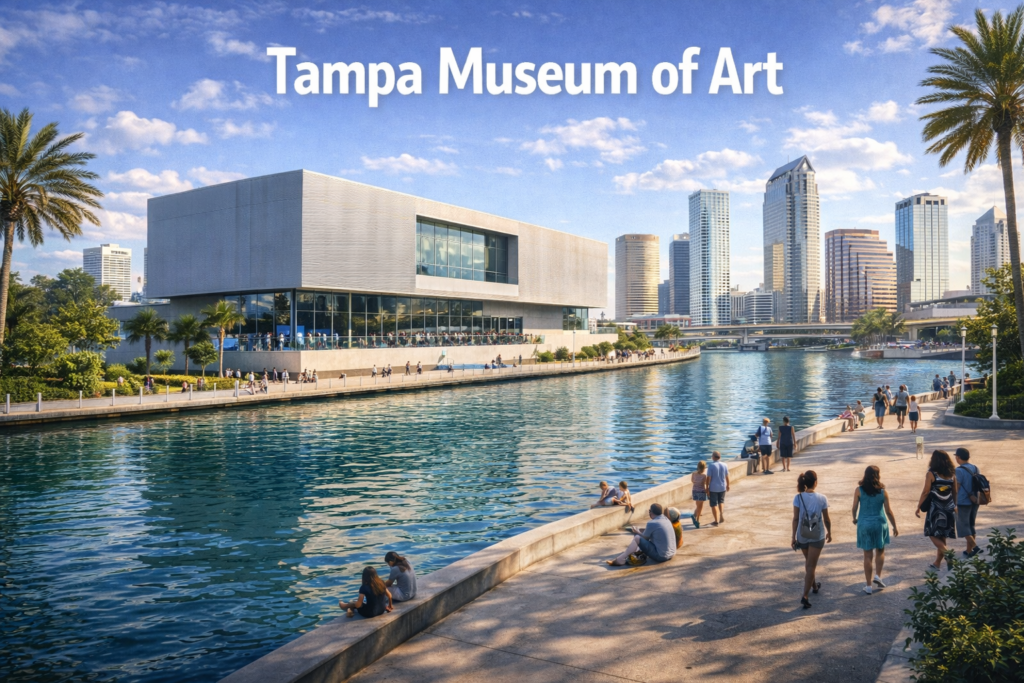Tampa Museum of Art along the Hillsborough River featuring modern architecture, the Tampa Riverwalk, palm trees, waterfront reflections, and downtown skyline under bright daylight.