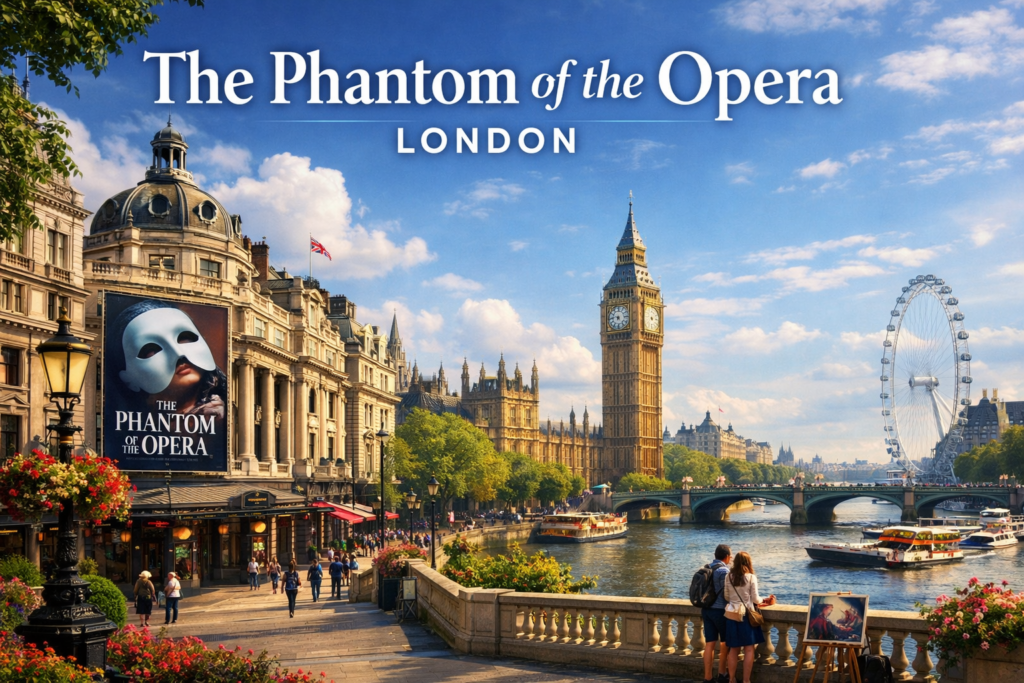 The Phantom of the Opera London musical at Her Majesty’s Theatre with iconic West End skyline and Thames River in bright daylight