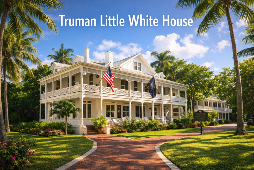Truman Little White House in Key West Florida surrounded by palm trees, tropical gardens, and historic colonial architecture under bright blue skies