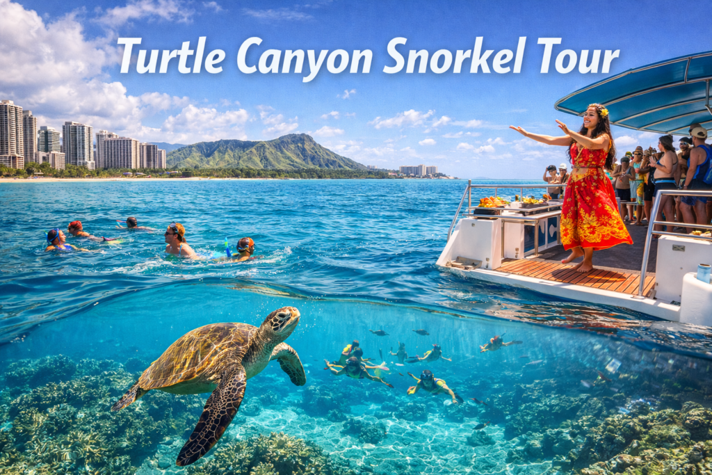 Cinematic snorkeling scene at Turtle Canyon featuring a Hawaiian green sea turtle swimming over coral reefs, snorkelers in clear blue water, and a live hula performance onboard with Waikiki coastline and Diamond Head in the background.