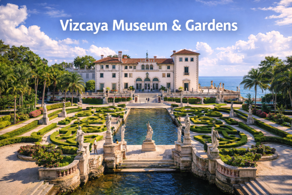 Vizcaya Museum and Gardens in Miami featuring the historic waterfront mansion, formal Italian gardens, statues, reflecting pools, and Biscayne Bay under bright daylight