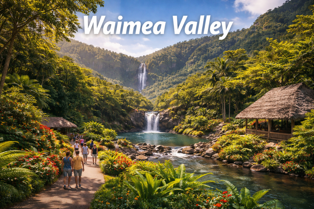 Wide cinematic view of Waimea Valley featuring lush tropical gardens, scenic walking paths, traditional Hawaiian structures, and the iconic waterfall surrounded by green mountains under bright natural daylight.