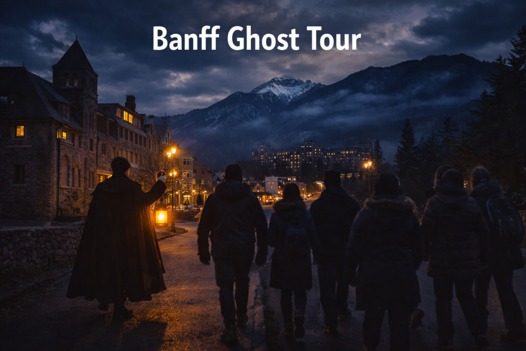 Banff Ghost Tour night walk with lantern guide near historic buildings and Rocky Mountains in Banff Canada