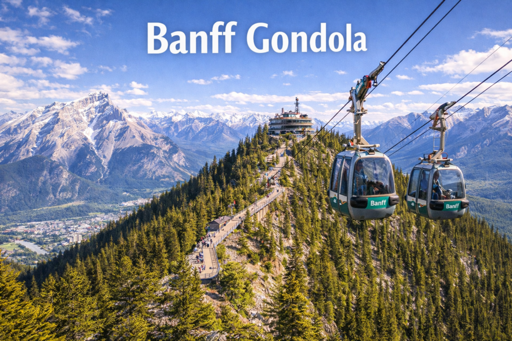 Banff Gondola ascending Sulphur Mountain with panoramic views of Banff town, Bow Valley, and snow capped Rocky Mountains under bright blue sky