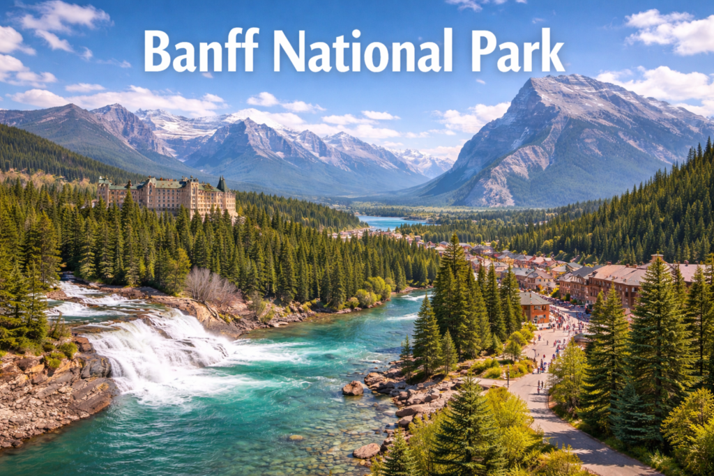 Banff National Park landscape with Bow Falls, Fairmont Banff Springs Hotel, turquoise river, evergreen forests, and Rocky Mountains under bright blue sky