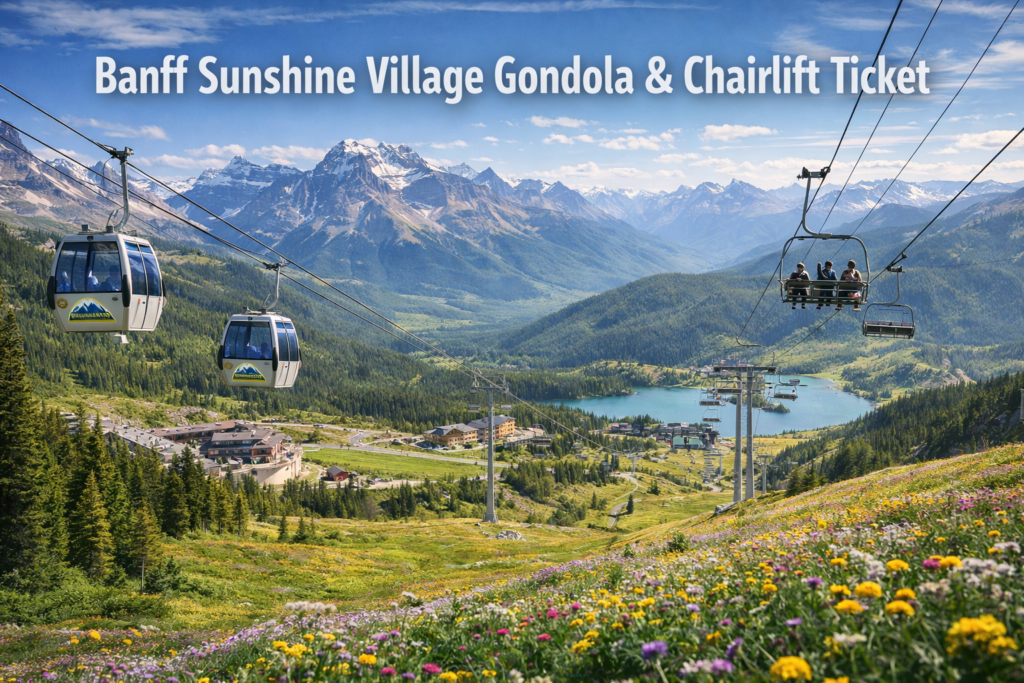Banff Sunshine Village gondola and chairlift rising above alpine wildflower meadows with Rocky Mountains in Banff National Park Canada