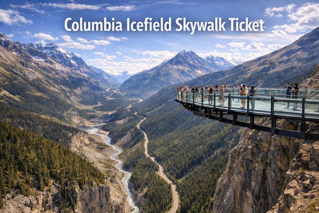 Columbia Icefield Skywalk glass platform overlooking Sunwapta Valley and Rocky Mountains in Jasper National Park Canada