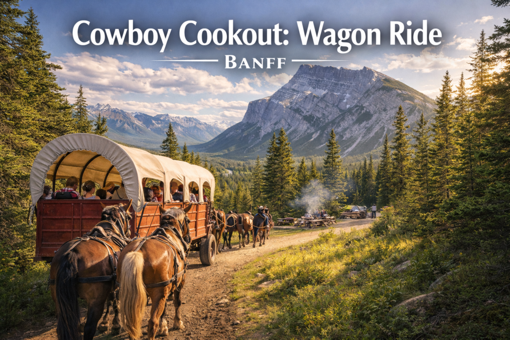 Cowboy Cookout Wagon Ride in Banff National Park with horse drawn covered wagon, Mount Rundle backdrop, and outdoor mountain barbecue setting in bright daylight