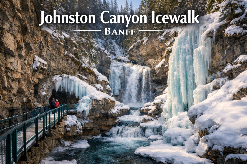 Johnston Canyon Icewalk in Banff National Park featuring frozen waterfalls, icy limestone cliffs, turquoise creek, and visitors walking along scenic steel catwalks in bright winter daylight