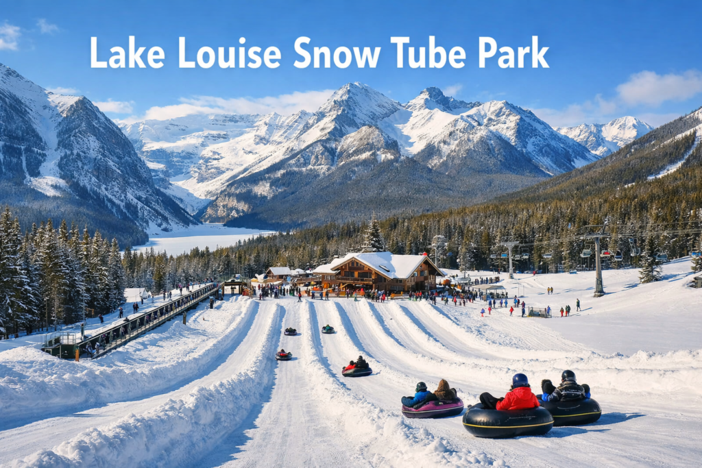Lake Louise Snow Tube Park with snow tubing lanes, alpine lodge, and snow covered Rocky Mountains under bright winter daylight