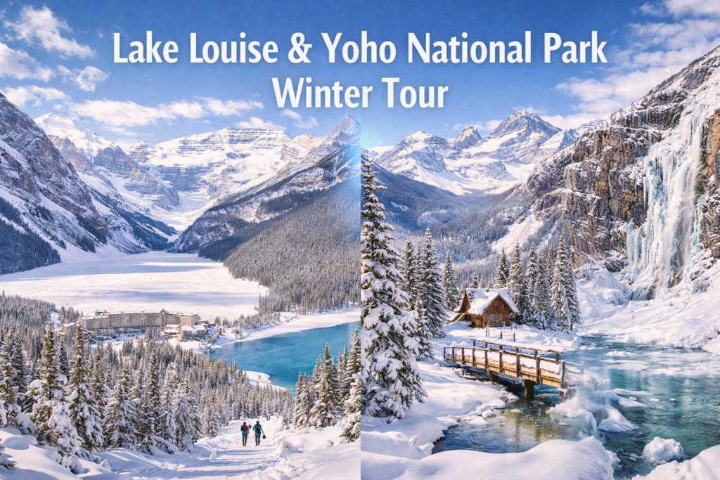 Lake Louise and Yoho National Park winter tour scene with frozen Lake Louise, Fairmont Chateau Lake Louise, snow covered Rocky Mountains, Emerald Lake cabin, and icy waterfall under bright blue sky